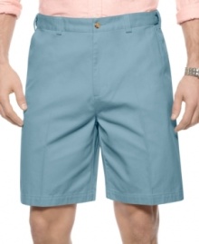 Go ahead and get comfortable. Stay stylish and feel great with these extender-waist flat front shorts from Geoffrey Beene.