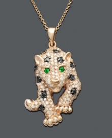 You will look positively fierce every time you put on this sparkling necklace from Signature by Effy Collection. Crafted in 14k rose gold, this sultry panther pendant features glittering emerald accent eyes, with a round-cut white diamond (3/4 ct. t.w.) and black diamond accented body. Approximate length: 18 inches. Approximate drop: 1-1/4 inches.