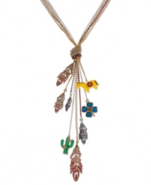 Betsey Johnson adds hot pink feathers and desert-inspired charms to this cute Y-style necklace. Features gold and silver tone necklace chains, clear and pink-colored crystal cup chain accents with knot detail, gold and silver feathers, yellow horse with flower detail, blue-colored crystal four-leaf clover, green cactus with crystal accents and pink flowers. Set in antiqued gold tone mixed metal. Approximate length: 23 inches + 3-inch extender. Approximate drop: 8 inches.