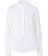 The classic white button up gets a stylish makeover with this ultra-chic version from Faith Connexion - Small stand collar, long sleeves, concealed front button placket with tab detail, seaming detail at front bodice, curved hem, all-over pinstripe print - Style with skinny jeans, a slim blazer, and embellished ballet flats