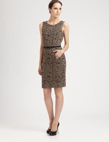 This sleek leopard-printed ponte style is accented with a narrow contrast belt.Jewel necklineSleevelessIncluded beltFront slash pocketsConcealed back zipFully linedAbout 21 from natural waist69% rayon/29% nylon/2% spandexDry cleanMade in USA of Italian fabricModel shown is 5'11 (180cm) wearing US size 4. 