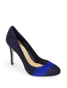 THE LOOKRound toeColorblock suede upperHorizontal suede band at vampPadded insoleSelf-covered heel, 3½ (90mm)THE MATERIALSuede upperLeather lining and soleORIGINImportedThis item was originally available for purchase at Saks Fifth Avenue OFF 5TH stores. 