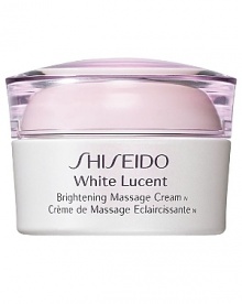 Shiseido White Lucent Massage Cream. An exceptional brightening cream that works with the power of massage to create a luminous glow, as it helps diminish the appearance of visible spots, freckles and dullness. Specially developed with Shiseido-original Multi-Target Vitamin C and Spot Deacti-Complex. Retexturizes skin for a flawless healthy look. Formulated with Asian plant extracts to improve moisture balance and smooth skin. Glides on luxuriously and leaves skin feeling velvety soft, relaxed, and comfortable, with no sensation of stickiness. Recommended for all skin types. Apply once or twice a week after softener and before moisturizer.