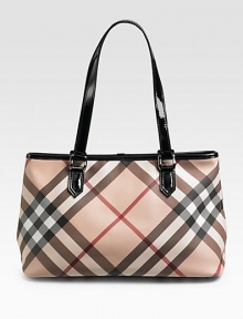 A multi-use carryall in classic check with shiny patent trim. Shoulder strap, 7½ drop Zip closure One inner zip and two open pockets Nylon lining 14W X 9H X 5½D PVC Imported