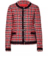 Classic sophistication goes quirky-cool with this vibrant plaid boucle jacket from Moschino Cheap & Chic - Round collar with black knit trim, concealed front placket with contrasting trim and silver-tone vintage-inspired charms, slit pockets at waist with trim and charms, all-over plaid printed knit, cropped silhouette - Wear with a figure-hugging pencil skirt and platform pumps