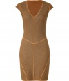 Missonis bohemian aesthetic gets a jolt of sultry glamour with this caramel-hued cocktail dress - In a wool and viscose blend woven with shimmering lurex - Ultra-feminine, curve-hugging silhouette - Deep v-neck, half sleeves and flattering decorative contoured seams - Pair with a cropped jacket, clutch and and ankle booties or heels