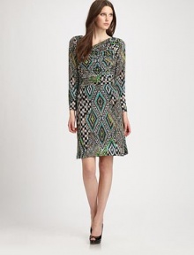 EXCLUSIVELY AT SAKS. A dynamic Aztec-inspired print dresses up this ruched, asymmetrical design.Asymmetrical necklineLong sleevesRuched bodiceConcealed back zipFully linedAbout 25 from natural waist95% polyester/5% spandexDry cleanImportedModel shown is 5'10½ (179cm) wearing US size 4. 