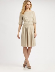 Stylish and sophisticated, this stretch cotton, boatneck dress also features a waist-defining belt and a flattering skirt. BoatneckElbow-length sleevesPleat details at belted waistSlash pocketsExposed back zipperAbout 40 from shoulder to hem67% cotton/28% polyester/5% elastaneDry cleanImported Model shown is 5'10½ (179cm) wearing US size 4. OUR FIT MODEL RECOMMENDS ordering true size. 