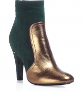 Luxurious booties made of fine emerald suede and gold leather - Absolutely modern, sexy, flamboyant, a true fashion must have this winter - Trendy color block look - Calf high, with a moderately wide, comfortable heel with zipper on the back - Fits slim on the foot, is wonderfully comfortable - Best worn with everything that is now trendy, from a leather dress to a midi skirt