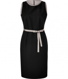 Elegant sheath dress made ​.​.of fine, black cotton - Silver-gray piping and waist belt with bow detail - Slim silhouette falls to knee-length hem - Round neckline and sleeveless - Conservative lines - Perfect for business, chic daytime events and parties - Pair with strapped heels or peep-toe heels to perfect the look