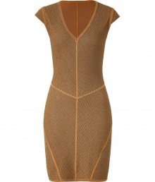 Missonis bohemian aesthetic gets a jolt of sultry glamour with this caramel-hued cocktail dress - In a wool and viscose blend woven with shimmering lurex - Ultra-feminine, curve-hugging silhouette - Deep v-neck, half sleeves and flattering decorative contoured seams - Pair with a cropped jacket, clutch and and ankle booties or heels