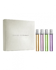 The David Yurman Essence Collection is a trio of evocative fragrances, whose weightless radiance is reminiscent of the eloquent glow emanating from treasured jewels. Exotic Essence is a modern sensual oriental inspired by the gemstone citrine; Delicate Essence a modern Floral inspired by the gemstone pink tourmaline; and Fresh Essence, a fruity floral inspired by the gemstone peridot. The David Yurman Essence Collection now introduces a limited edition fragrance, Summer Essence -- a fresh floral inspired by the vibrant gemstone, amethyst.Now you can experience all four essences in the David Yurman Essence Collection Limited Edition Quartet. Each essence is housed in a 7.5ml/.25 fl. oz. spray, featuring the iconic David Yurman cable design. Like a piece of fine jewelry, each essence may be worn alone or combined with scents from the David Yurman Essence Collection to achieve a complex, artfully layered fragrance effect. Luxuriously featured in a natural linen white gift box, the collection features four travel size sprays that are perfect to take with you wherever you may go!