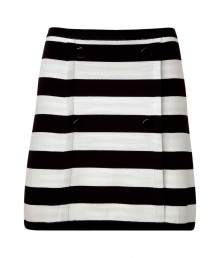 Luxe skirt in fine, cotton and nylon blend - Classically chic black and cream horizontal stripe motif - Elegant trapeze silhouette balloons gently at hem - Two rows of buttons at front - Flattering and stylish, easily dressed up or down - Pair with a t-shirt or a silky tank, a cropped blazer and platform pumps