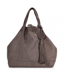 Contemporary looks get a pretty Parisian finish with Vanessa Brunos super soft taupe leather carryall tote - Laser cut top trim, tasseled tag, inside zippered back wall pocket, unlined - Perfect for work or chic weekend shopping trips