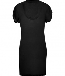 Stylish dress in black cotton - top has a wide scoop neck and short, stylishly draped, gathered sleeves - the skirt is slim, almost knee-length - a comfy fave dress for many occasions - and after wearing, just toss it into the washing machine - with gladiator booties and a boyfriend cardigan