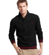 Varsity gets grown up in this shawl-collar fleece sweater from Izod.