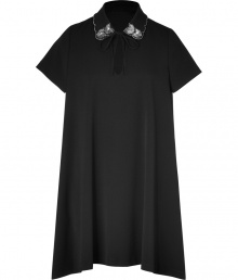 Black demure dress in fine synthetic fiber - Features a loose A-line silhouette with an embellished shirt collar and wide short sleeves - Peek-a-boo neckline with tied bow at throat - Asymmetric hem creates movement - Pair with ankle boots and brightly colored handbags