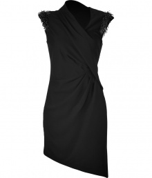 Dressed up with textural bead-embellished cap sleeves, this asymmetrical draped black dress from Helmut Lang is a tough-girl take on cocktails-chic - Draped asymmetrical V-neckline, textural bead embellished cap sleeves, side gather, exposed metal side zip, asymmetrical hemline - Fitted - Wear with booties and minimalist accessories