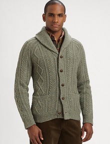 Imbued with heritage appeal, a classic cable-knit cardigan is crafted from a warm wool-cashmere blend with a refined shawl collar.Button-frontShawl collarWaist patch pocketsRibbed knit cuffs and hem88% lambswool/22% woolDry cleanImported