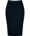 An exquisite choice for business to cocktails looks, Donna Karans stretch wool pencil skirt cuts a flattering feminine figure no matter how you wear it - Black elasticized grosgrain waistband, contoured seaming, hidden back zip, kick pleat - Form-fitting - Team with feminine tops and standout statement accessories