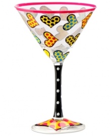 Create a festive party atmosphere the distinct pop art that adorns Romero Britto's martini glass. Hearts and dots scream fun on your table and also on display. With single heart on base.