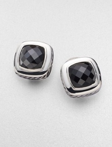 From the Albion Collection. Elegantly faceted black onyx with a smooth bezel and rope edge of sterling silver. Black onyx Sterling silver About ½ square Post-and-hinge back Made in USA