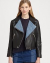 Denim trim softens this edgy leather motorcycle jacket. Denim-trim notched collarSnap closures; front zipperLong denim-trim sleevesZippered cuffsZippered slash pocketsAbout 19 from shoulder to hemBody: LeatherTrim: Viscose/cottonDry clean with leather specialistImportedSIZE & FITModel shown is 5'10 (177cm) wearing US size 4. 