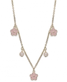 Growing into glamour. Pink enamel flowers and cultured freshwater pearls (5 mm) bloom on this children's station necklace from Lily Nily. Set in 18k gold over sterling silver. Item comes packaged in a signature Lily Nily Gift Box. Approximate length: 16 inches. Approximate charm size: 3/8 inch.