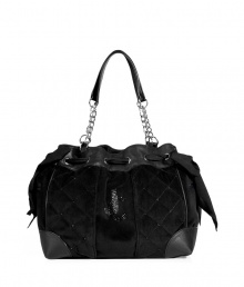 Inject glamorous style into your statement handbag collection with Juicy Coutures iconic Daydreamer tote in jet black quilted velour - Embellished logo, black leather trim, grosgrain bows, side slit pockets, inside zippered and slot pockets - Perfect for adding a luxe edge to your outfit