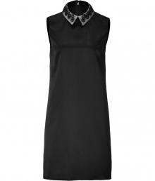 Prim and proper gets a high style redux with this chic sleeveless silk sateen frock from Jil Sander Navy - Embellished spread collar, sleeveless, slim straight silhouette, concealed back zip closure - Wear with a cashmere cardigan and classic ballet flats