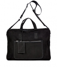 Detailed in jet black suede for that sleek urbane look, Marc by Marc Jacobs structured briefcase is a cool way to tote around your workweek essentials - Flat double top handles, removable adjustable nylon shoulder strap, luggage tag attached to handle, zippered front patch pocket, top zip closure - A manageable size perfect for carrying everyday