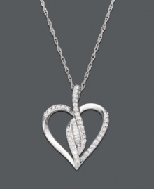 Open your heart and let love in. This sleek open-heart pendant by Wrapped in Love(tm) features a unique central design covered in round-cut and baguette-cut diamond (1/4 ct. t.w.). Necklace crafted in sterling silver. Approximate length: 18 inches. Approximate drop: 5/8 inch.