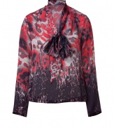 An artful take on office attire, Piazza Sempiones printed silk blouse is a chic way to wear color to work - Short stand-up collar with tie, long sleeves, pleated shoulder detail - Softly draped fit, fitted elasticized waistline - Wear with a tailored skirt, peep-toes and a statement tote