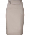 Stylish skirt in fine, dark beige cotton stretch blend - Perennially chic, curve-hugging pencil cut - Flattering A-Line silhouette - High waist with decorative belt - Rear vent and back zip - A polished classic ideal for work and evenings out - Pair with a silk tank or button down blouse, cropped blazer and peep toe pumps