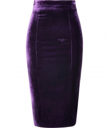 Finish your look on an impossibly feminine note with LWren Scotts deep amethyst velvet pencil skirt - Hidden metal back zip, paneled construction, kick pleat - Exquisitely flattering figure-hugging fit - Pair with silk tops and platform pumps for a seamless transition from work to cocktails