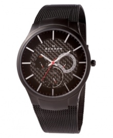 Sophisticated style for every day. This Skagen Denmark watch features a black ion-plated titanium mesh bracelet and round stainless steel case. Multifunctional black dial with logo, silvertone stick indices and three subdials. Quartz movement. Water resistant to 30 meters. Limited lifetime warranty.