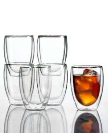 Keep hot drinks hot and cold drinks cold with these innovative drinking glasses. Cleverly crafted in a unique borosilicate glass with a double layer of insulation to reduce heat transfer in or out of the glass. The glass never sweats, ice doesn't deplete and coasters are a thing of the past!