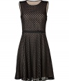 Fun and flirty with an allover dot print, DKNYs fitted and flared sheath is perfect for festive cocktails - Round neckline, sleeveless, hidden side zip, nude underlay - Fitted bodice, full skirt - Wear with heels and a bright clutch