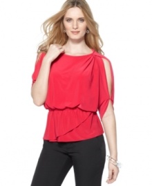 T Tahari's petite blouson top features a flattering silhouette and a dash of drama with split sleeves from shoulder to elbow.