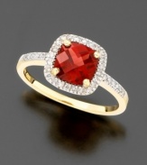 This Valentine's Day, say it just a bit differently. Express your love with a unique find created with an exquisite cushion-cut garnet (1-1/4 ct. t.w.) surrounded with a studding array of round-cut diamonds (1/6 ct. t.w.), all gleaming in 14k yellow gold.