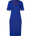 Add maximum style to your work-ready look with this electric blue sheath from Jil Sander - V-neck underlay, short sleeves, pleat detail at bust, high waist, pencil skirt, figure-hugging silhouette - Pair with a slim trench and classic pumps