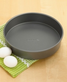 Bake a delicious cake in this professional-style 9-inch round cake pan. Features include nonstick interiors and exteriors for easy cleaning, no-hassle food release and optimum baking performance. Reinforced nonstick surface also offers long-lasting durability. Lifetime warranty.