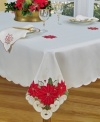 A soon-to-be holiday favorite, the Poinsettia Trio round tablecloth is perfect for the busy host in machine washable polyester and, with delicate cutwork and cheery Christmas blooms, inspires unforgettably festive meals. From Homewear. (Clearance)