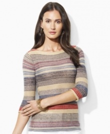 Lauren by Ralph Lauren's petite three-quarter-sleeved Stasya sweater channels an authentic, rustic sensibility in a textural, airy blend of cotton and linen yarns.