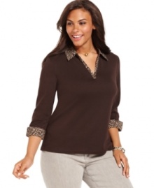 Safari styling beautifully highlights Karen Scott's three-quarter-sleeve plus size top-- snag it at an Everyday Value price!