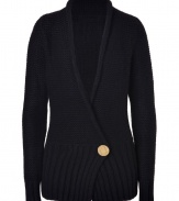 Inject a luxe note into your knitwear favorites with Antonia Zanders ultra chic single buttoned cardigan - Shawl collar, wrapped front, button closure, ribbed trim - Fitted - Team with tissue tees and trend favorite leather leggings