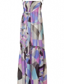 The classic Pucci print gets a romantic redux with this summer-ready maxi dress - Adjustable tie spaghetti straps, shirred bodice, empire waist, flared full skirt with ruffled tier, floor-sweeping length, all-over geometric print - Style with platform sandals and a floppy hat