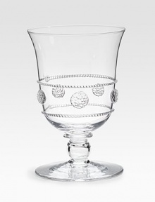 Old-world style and elegant details define this utterly charming goblet, handmade and mouthblown with dimensional detail in fine glass. From the Isabella Collection Handmade 10-oz. capacity 5 high Dishwasher safe Imported 