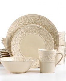 Inspired by the archaeological complex in Tivoli, Villa Adriana dinnerware evokes a casual repast in the Italian countryside. An embossed motif imparts a romantic, old-world charm. By Gibson.