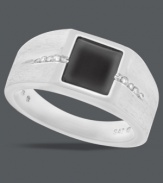 Square off on stately design. This unique men's ring stands out with a square-cut onyx gemstone (1-1/2 ct. t.w.) anchored by two rows of round-cut diamonds (1/8 ct. t.w.) at the shoulders. Crafted in sterling silver. Size 10-1/2.